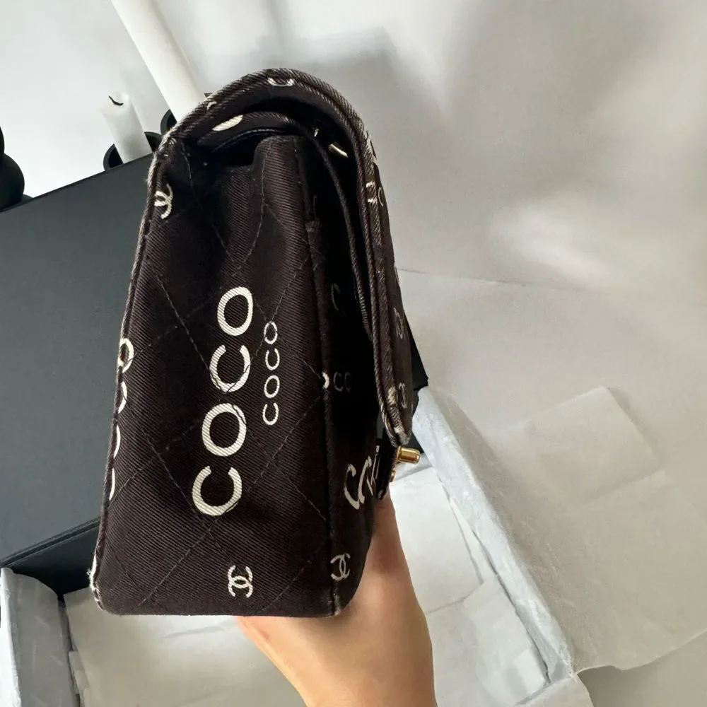 Chanel Canvas Coco Print Quilted Medium Classic Flap Double Flap Black White - Picture 12 of 16